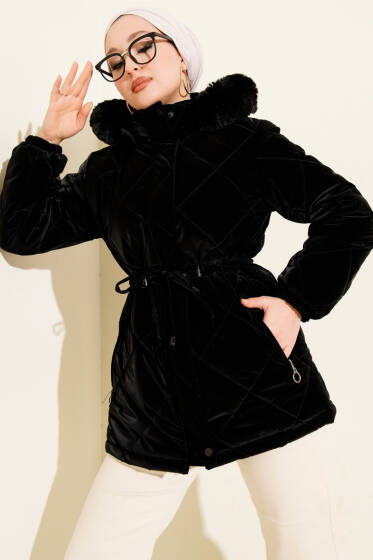 Fermuarlı Kapüşonlu Kısa Kapitone Mont Siyah - Mont