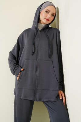 Fermuarlı Kapüşonlu Loyşa İkili Takım Antrasit - İkili Takım