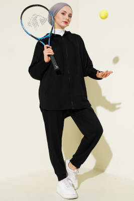Fermuarlı Kapüşonlu Loyşa İkili Takım Siyah - DİVON