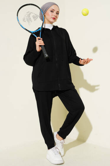 Fermuarlı Kapüşonlu Loyşa İkili Takım Siyah - İkili Takım