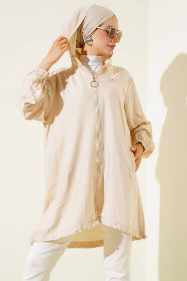 Fermuarlı Kapüşonlu Salaş Kap Bej - Dış Giyim&Mont