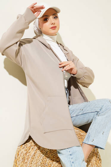 Fermuarlı Kapüşonlu Scuba Hırka Bej - Hırka