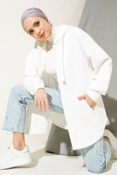 Fermuarlı Kapüşonlu Scuba Hırka Beyaz - Hırka