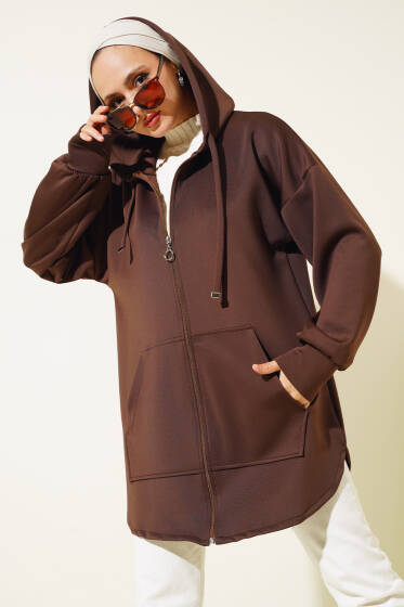 Fermuarlı Kapüşonlu Scuba Hırka Kahve - Hırka