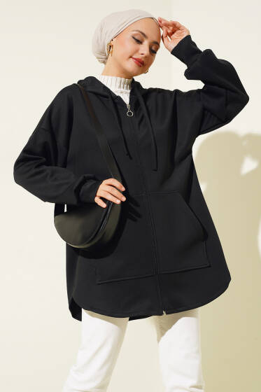 Fermuarlı Kapüşonlu Scuba Hırka Siyah - Hırka