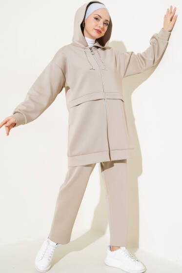 Fermuarlı Kapüşonlu Scuba İkili Takım Bej - İkili Takım