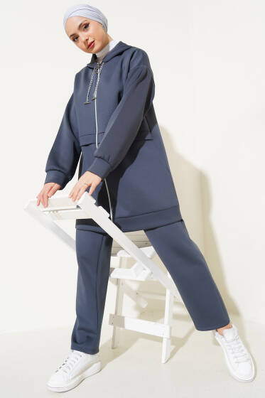 Fermuarlı Kapüşonlu Scuba İkili Takım Füme - İkili Takım