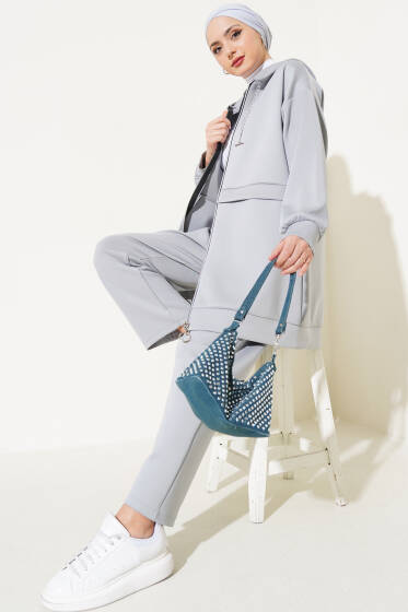 Fermuarlı Kapüşonlu Scuba İkili Takım Gri - İkili Takım