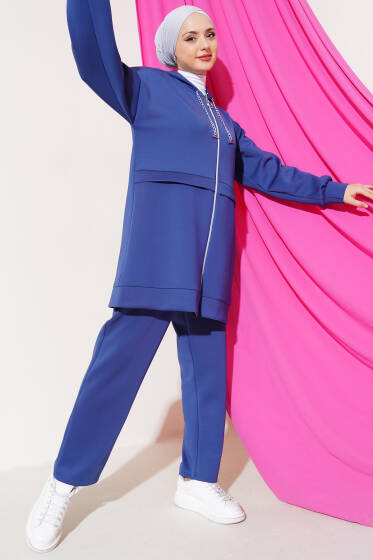 Fermuarlı Kapüşonlu Scuba İkili Takım İndigo - İkili Takım