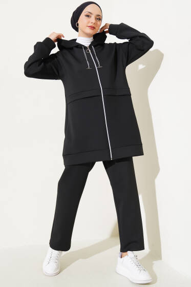 Fermuarlı Kapüşonlu Scuba İkili Takım Siyah - İkili Takım