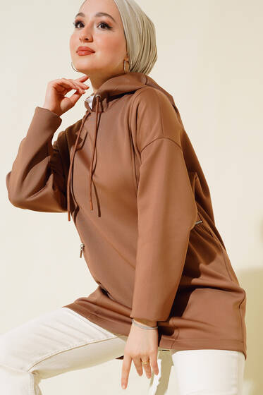 Fermuarlı Kapüşonlu Scuba Tunik Camel - Tunik
