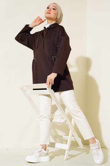 Fermuarlı Kapüşonlu Scuba Tunik Kahve - Tunik