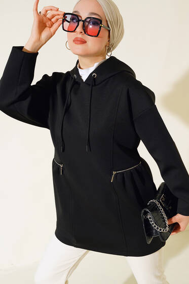 Fermuarlı Kapüşonlu Scuba Tunik Siyah - Tunik