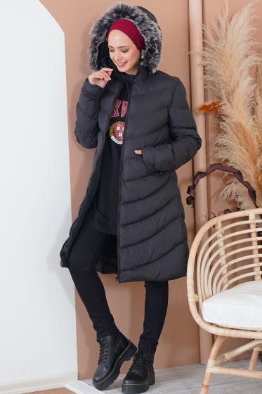 Fermuarlı Kapüşonlu Siyah Şişme Mont - Bayan Mont