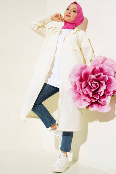 Fermuarlı Kapüşonlu Uzun Yağmurluk Ekru - Kap