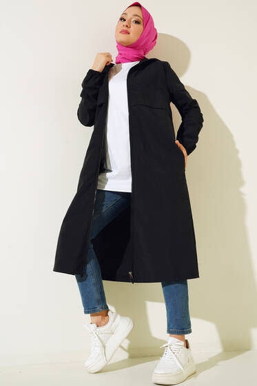 Fermuarlı Kapüşonlu Uzun Yağmurluk Siyah - Kap