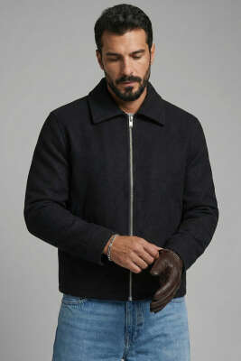 Fermuarlı Kaşe Erkek Ceket Siyah - GAVAZZİ