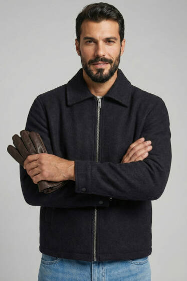 Fermuarlı Kaşe Erkek Ceket Siyah - Günün Seçilenleri