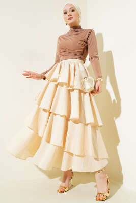 Fermuarlı Kat Kat Etek Bej - Uzun Etek
