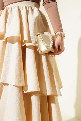 Fermuarlı Kat Kat Etek Bej - Uzun Etek