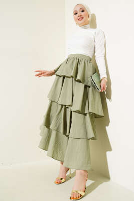 Fermuarlı Kat Kat Etek Çağla Yeşili - Uzun Etek