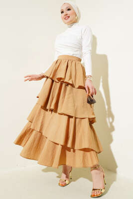 Fermuarlı Kat Kat Etek Latte - Uzun Etek