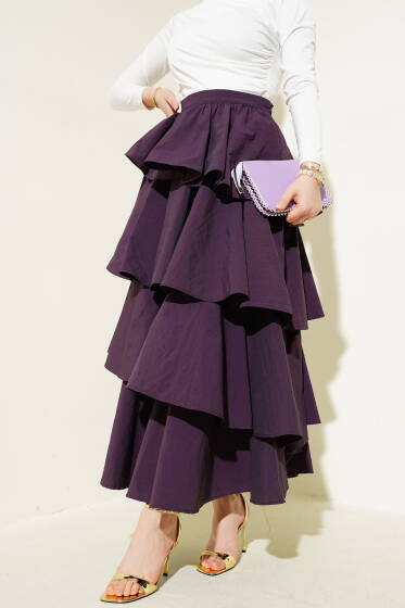 Fermuarlı Kat Kat Etek Mor - Uzun Etek