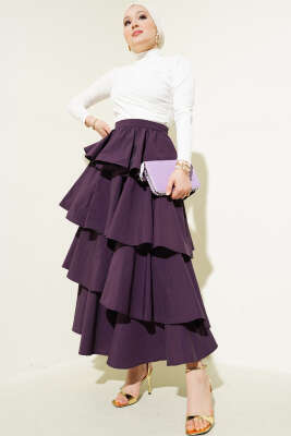 Fermuarlı Kat Kat Etek Mor - Uzun Etek