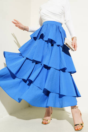 Fermuarlı Kat Kat Etek Saks - Etek