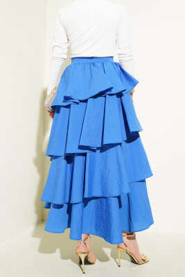 Fermuarlı Kat Kat Etek Saks - Uzun Etek