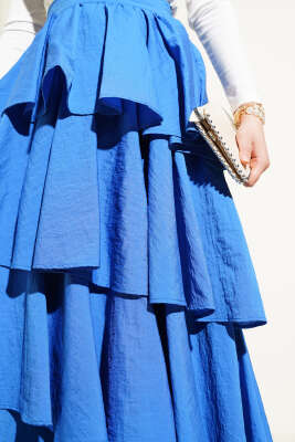 Fermuarlı Kat Kat Etek Saks - Uzun Etek