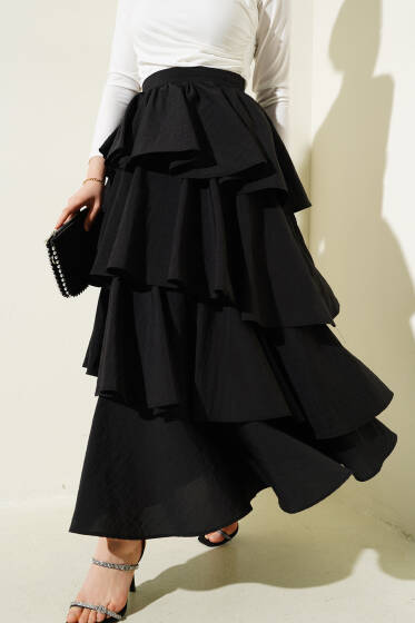Fermuarlı Kat Kat Etek Siyah - Uzun Etek