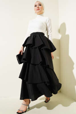 Fermuarlı Kat Kat Etek Siyah - Uzun Etek