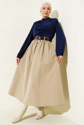 Fermuarlı Kemerli Poplin Etek Bej - 700-1000 TL Ürünler