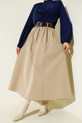 Fermuarlı Kemerli Poplin Etek Bej - EFİL