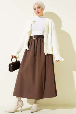 Fermuarlı Kemerli Poplin Etek Kahve - Etek