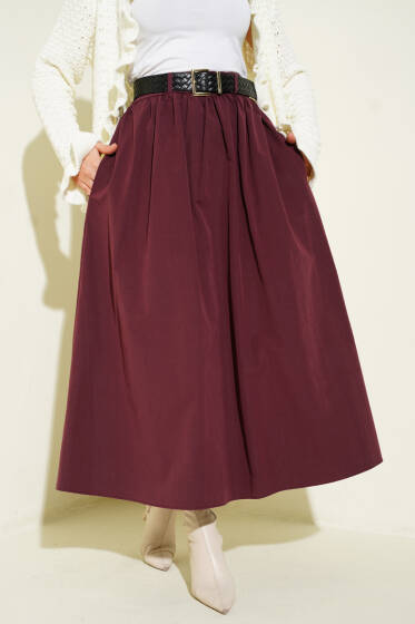 Fermuarlı Kemerli Poplin Etek Mürdüm - Etek