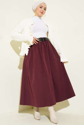 Fermuarlı Kemerli Poplin Etek Mürdüm - Etek
