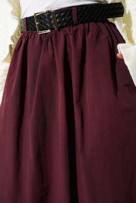 Fermuarlı Kemerli Poplin Etek Mürdüm - Etek