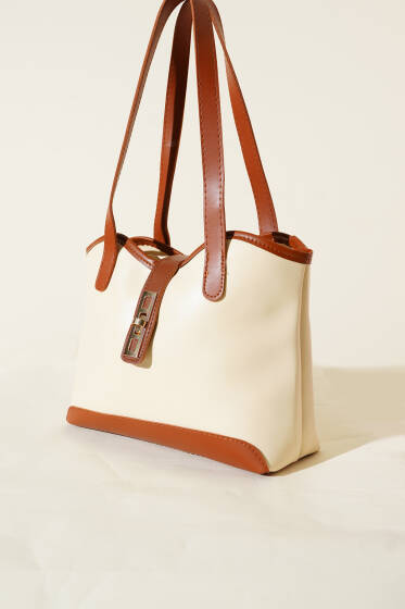 Fermuarlı Kilit Detaylı Kol Çanta Krem Taba - Kol Çantası