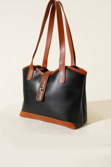 Fermuarlı Kilit Detaylı Kol Çanta Siyah Taba - Kol Çantası