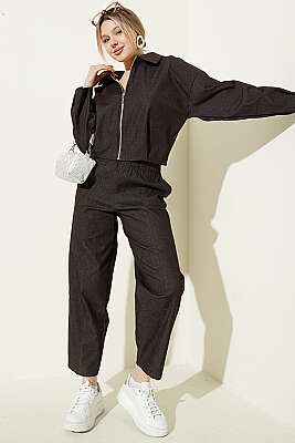 Fermuarlı Kısa Ceketli Kot Takım Kahve - DİVON