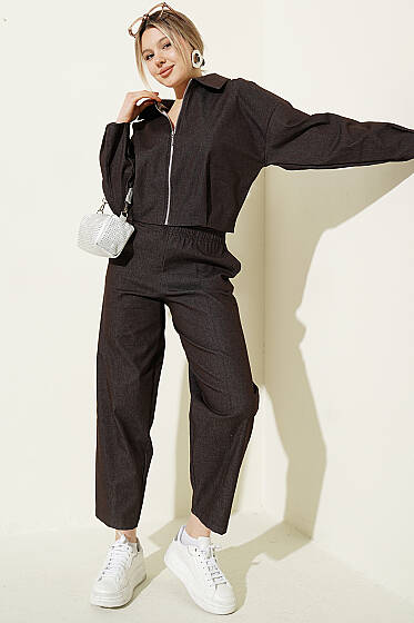 Fermuarlı Kısa Ceketli Kot Takım Kahve - Kadın Giyim Modelleri