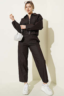 Fermuarlı Kısa Ceketli Kot Takım Kahve - Kadın Giyim Modelleri