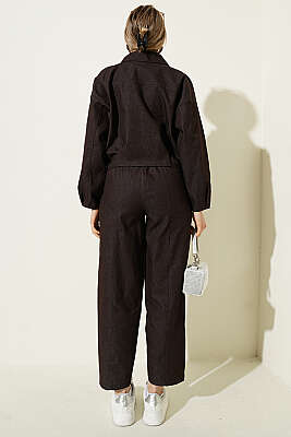 Fermuarlı Kısa Ceketli Kot Takım Kahve - Kadın Giyim Modelleri