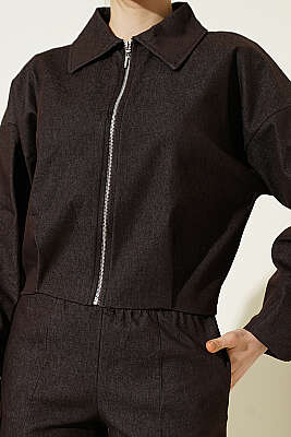 Fermuarlı Kısa Ceketli Kot Takım Kahve - Kadın Giyim Modelleri