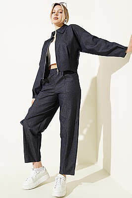 Fermuarlı Kısa Ceketli Kot Takım Lacivert - DİVON