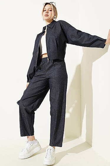 Fermuarlı Kısa Ceketli Kot Takım Lacivert - Kadın Giyim Modelleri