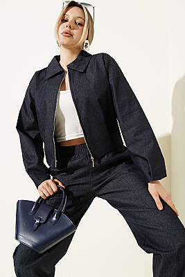 Fermuarlı Kısa Ceketli Kot Takım Lacivert - Kadın Giyim Modelleri