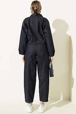 Fermuarlı Kısa Ceketli Kot Takım Lacivert - Kadın Giyim Modelleri